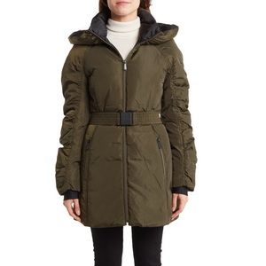 Laundry by Shelli Segal Hooded Belted Parka Jacket In MilitGry -Military Color